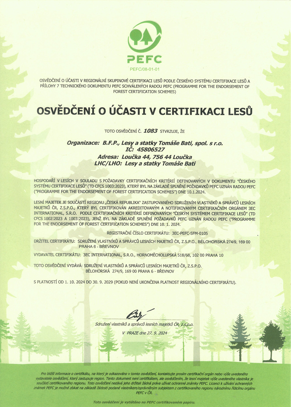 Certifikát PEFC_2024-2029 